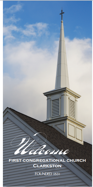 Welcome card showing the steeple of First Congregational Church